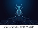 Cybersecurity, system bugs and digital threats. Glowing low poly beetle over blue circuit board. Futuristic neon polygon insect symbolizing malware, vulnerability and tech issues, vector illustration.
