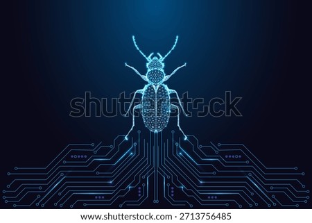 Cybersecurity, system bugs and digital threats. Glowing low poly beetle over blue circuit board. Futuristic neon polygon insect symbolizing malware, vulnerability and tech issues, vector illustration.
