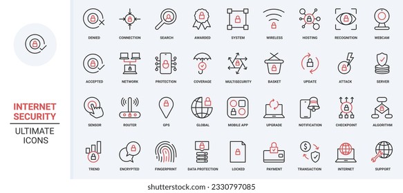 Cybersecurity system, hosting on server, accepted secure wireless connection global GPS, data update protection with shield. Online security trendy red black thin line icons set vector illustration.