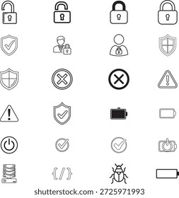 Cybersecurity, system protection, data privacy, and technology hardware line icons set containing lock and shield symbols.