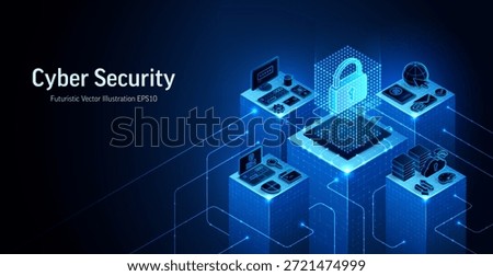 Cybersecurity technology 3D isometric vector illustration. Digital lock shield and secure network data protect concept. Online privacy abstract blue background. Security system, cyber fraud prevention
