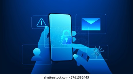 Cybersecurity technology background smartphone protected by network security, representing data protection, anti-phishing, scam prevention, secure communication, and mobile network security systems.