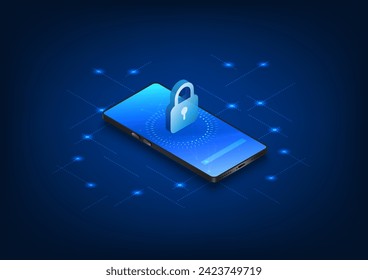 Cybersecurity technology built into smartphones has a security system. Prevent data theft and destruction, enter the verification code to use. Mobile phone screen with lock,  isometric