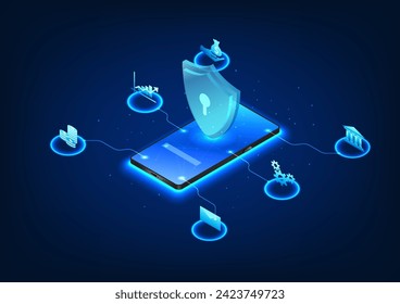 Cybersecurity technology built into smartphones has a security system. Prevent financial information theft Mobile screen as shield connected with financial icons, isometric