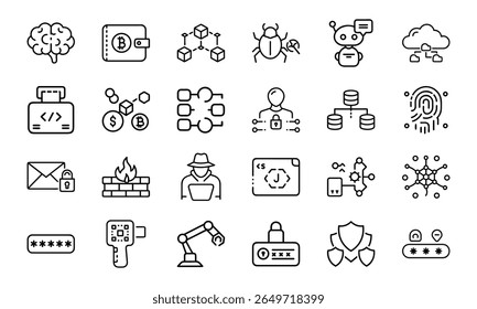 Cybersecurity and Technology Line Icons Bundle Featuring AI, Blockchain, Cryptocurrency, Coding, Hacking, Password Protection, Network Security, Data Privacy, Cloud Computing, and Digital Innovation