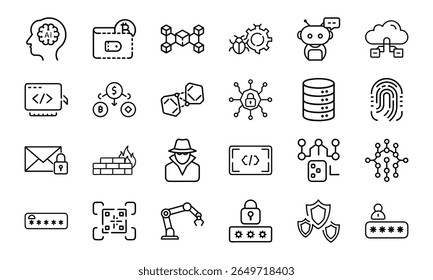Paquete de iconos de línea de ciberseguridad y Tecnología con IA, blockchain, criptomoneda, codificación, piratería informática, protección de Contraseñas, seguridad de red, privacidad de datos, computación en la nube e innovación digital