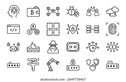 Cybersecurity and Technology Line Icons Bundle Featuring AI, Blockchain, Cryptocurrency, Coding, Hacking, Password Protection, Network Security, Data Privacy, Cloud Computing, and Digital Innovation