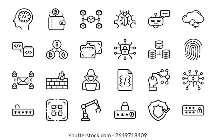 Cybersecurity and Technology Line Icons Bundle Apresentando IA, Blockchain, Criptomoeda, Codificação, Hacking, Proteção por Senha, Segurança de Rede, Privacidade de Dados, Computação em Nuvem e Inovação Digital