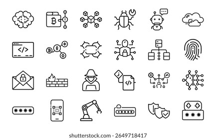 Cybersecurity and Technology Line Icons Bundle Apresentando IA, Blockchain, Criptomoeda, Codificação, Hacking, Proteção por Senha, Segurança de Rede, Privacidade de Dados, Computação em Nuvem e Inovação Digital