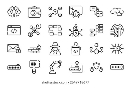Cybersecurity and Technology Line Icons Bundle Featuring AI, Blockchain, Cryptocurrency, Coding, Hacking, Password Protection, Network Security, Data Privacy, Cloud Computing, and Digital Innovation