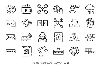 Cybersecurity and Technology Line Icons Bundle Apresentando IA, Blockchain, Criptomoeda, Codificação, Hacking, Proteção por Senha, Segurança de Rede, Privacidade de Dados, Computação em Nuvem e Inovação Digital