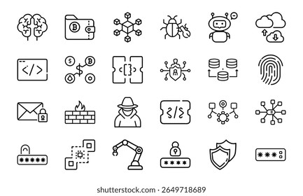 Cybersecurity and Technology Line Icons Bundle Featuring AI, Blockchain, Cryptocurrency, Coding, Hacking, Password Protection, Network Security, Data Privacy, Cloud Computing, and Digital Innovation