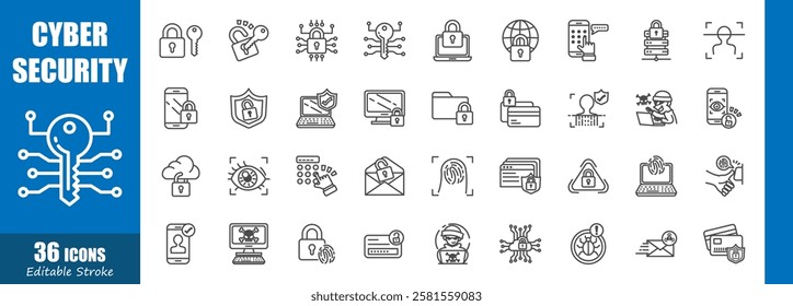 Cybersecurity . Technology outline icon collection . Editable stroke . Vector .