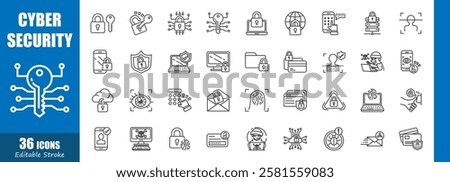 Cybersecurity . Technology outline icon collection . Editable stroke . Vector .