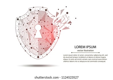 Cyber-Security Technology. Security Violation. shield, created from lines and points with elements of destruction. Isolated from low poly wireframe on white background. Vector abstract polygonal. 