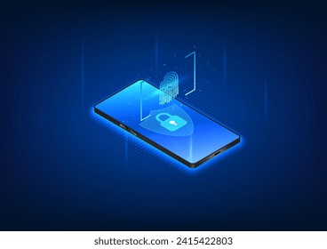 Tecnología de ciberseguridad Los smartphones con seguridad de pantalla tienen un bloqueo de digitalización. Teléfono móvil que protege contra robo y robo de ciberinformación, ilustración isométrica Ilustración vectorial
