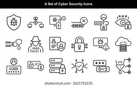 A cybersecurity theme with black outline icons depicting data security, virus, firewall, and cloud protection on transparent background for versatile use. - Powered by Shutterstock - Get 15% off with code: PIKWIZARD15