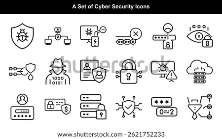 A cybersecurity theme with black outline icons depicting data security, virus, firewall, and cloud protection on transparent background for versatile use.