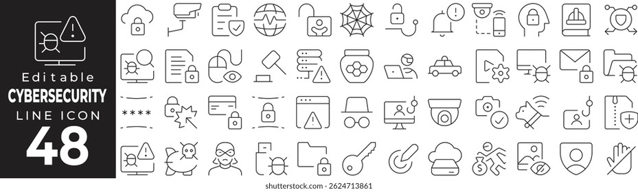 Cybersecurity Thin Line Icon Set - Proteção, Segurança na Internet, Criptografia