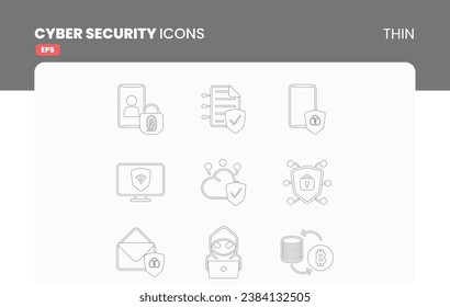 Cybersecurity Thin Style Icon Pack: Information Privacy, Data Protection. Glyph Pictograms on White Background. Isolated Vector Images