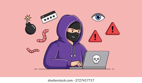 [Concepto de amenaza a la ciberseguridad. Un hacker anónimo con capucha y máscara usa una computadora portátil para un ataque cibernético, rodeado de iconos de malware, phishing y peligro.]