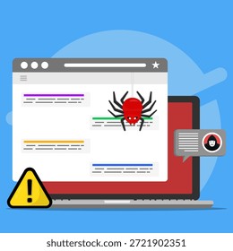 Concepto de amenaza de ciberseguridad que muestra alerta de malware y piratería en una pantalla de computadora, advertencia de violaciones de datos, virus y ataques en línea que requieren protección del sistema y seguridad digital.