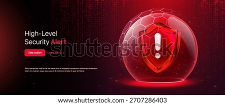 Cybersecurity Threat. Cyber Attack Warning With Red Shield Exclamation Mark. Cyber Alerts For System Safety. Security Warnings For Digital Protection. Weak Protection Vector Illustration.