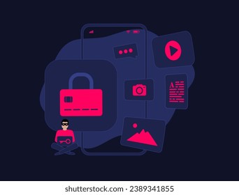 Amenaza a la ciberseguridad. Ransomware encriptando archivos personales. Hacker pide el pago por descifrado. Alerta de alerta de fraude móvil sobre estafas en línea y propagación de malware. Ilustración del vector en negro