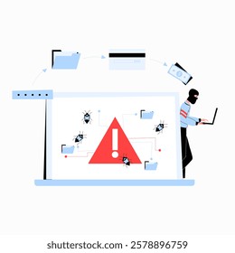 Cybersecurity Threats, Male Hacker With Laptop in Flat Vector Illustration Symbolizing Data Breach, Malware, and Digital Security Risks, Isolated on White Background