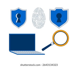 Cybersecurity tools and access control 2D cartoon objects set. Shields keyholes, fingerprint, laptop, magnifying glass isolated elements flat vector clip arts on white. Spot illustrations collection