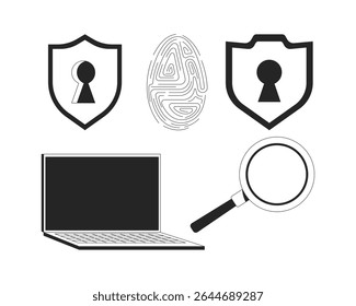 Tools für die Cybersicherheit und 2D-Zeilenobjekte für die Zugriffssteuerung. Schilde Schlüssellöcher, Fingerabdruck, Laptop, Lupe einzelne Cliparts Vektor Tinte Umrissartikel. Schwarzweiß-Spot-Illustrationen