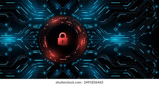 Cybersecurity touch panel with locked system. Hi-tech circuit board with lock inside glowing red HUD circle. Tech design. Vector illustration