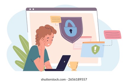 Formação em cibersegurança. Ciberconsciência de segurança, informações de dados de privacidade acesso digital ameaça hack mulher fraude computador pessoal fraude proteção educação vetor ilustração
