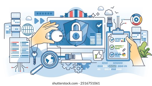 La capacitación en ciberseguridad para la protección de la información describe el concepto de manos. Aprender a reconocer las amenazas y vulnerabilidades en línea para prevenir los ataques cibernéticos y la Ilustración vectorial de fugas de datos.