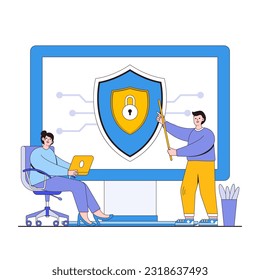 Concepto de ilustración vectorial de entrenamiento de ciberseguridad con caracteres. Educación de los empleados, mejores prácticas, conciencia de la seguridad cibernética. Moderno estilo plano para página de inicio, banner web, infografías.