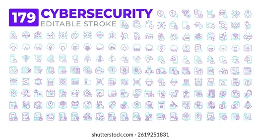 Cybersecurity two color line icons set collection. Protecting systems and programs. Digital attacks preventing software bicolor outline mega pack isolated. Duotone thin lineart. Editable stroke