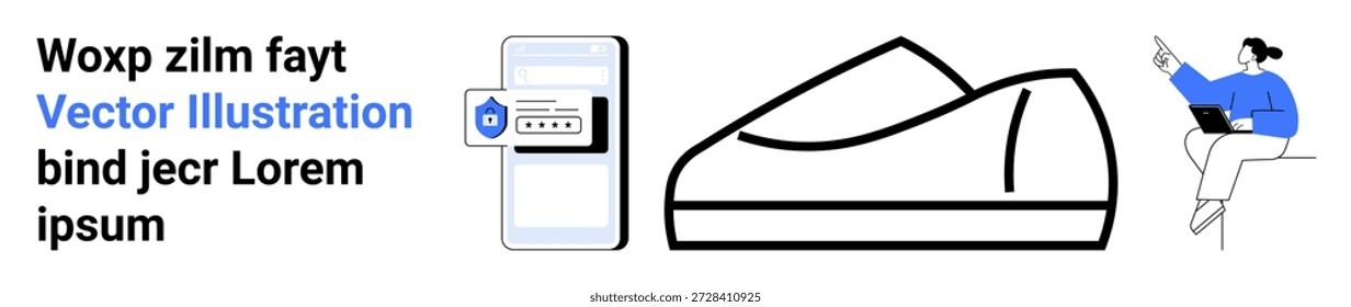 Segurança cibernética, autenticação de usuário, proteção por senha, navegação segura, inovação digital, interface de tecnologia. Tela móvel com teclado e escudo de senhas, formas abstratas, pessoa trabalhando remotamente