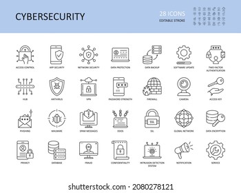 Cybersecurity vector icons. Editable stroke. Access control app network security, data protection backup software update 2fa. Encryption spam messages antivirus, phishing malware vpn password firewall