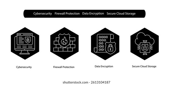 Cybersecurity Vector Icons for Firewall Safety and Cloud Data Encryption