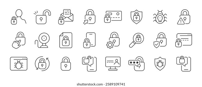 Cybersecurity vector icons set featuring security locks, shields, and bugs.