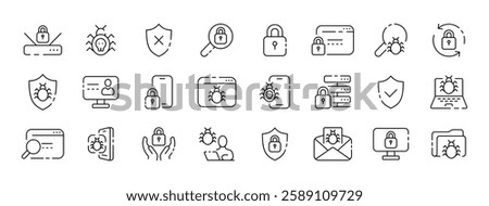 Cybersecurity vector icons set: locks, shields, bugs, magnifying glasses.