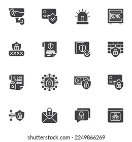 Juego de iconos vectoriales de seguridad cibernética, colección de símbolos sólidos modernos, paquete de pictogramas estilo relleno. Señales, ilustración del logotipo. Set incluye iconos como pago seguro, hackeo de sitios web, correo basura, cortafuegos