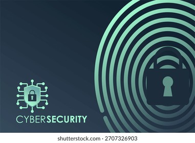 Ilustración vectorial de ciberseguridad con bloqueo digital, autenticación de huellas dactilares y anillos de cifrado. Diseño minimalista plano. 