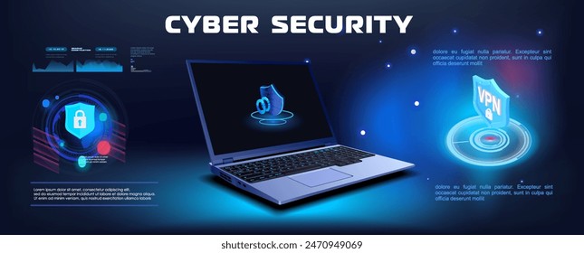 Cybersecurity. VPN Concept banner with open laptop and shield with hologram and logo. Reliable protection against viruses and cyber attacks. Security and protection personal data. Login via password