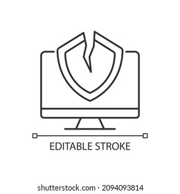 Cybersecurity vulnerability linear icon. System weakness and flaw. Thin line customizable illustration. Contour symbol. Vector isolated outline drawing. Editable stroke. Arial font used