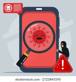 Ilustración de advertencia de ciberseguridad que muestra la detección de malware móvil, el ataque de piratas informáticos y la amenaza de virus en la pantalla del teléfono inteligente.