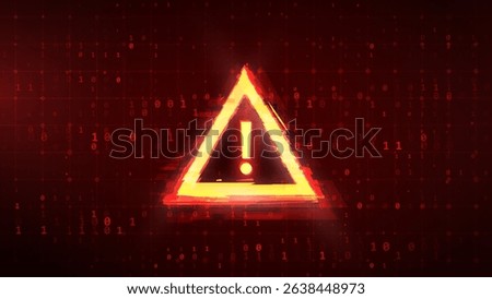 Cybersecurity Warning Symbol With Glitch Effect, Red Alert Triangle and Exclamation Mark on Digital Binary Background, Data Breach, Malware, Ransomware or Hacking Danger Concept, Vector Illustration.