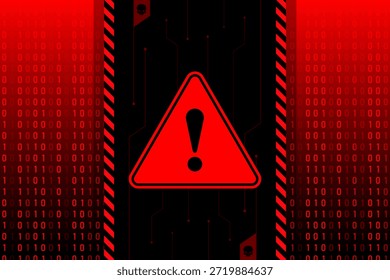 Símbolo de Aviso de Segurança Cibernética Triângulo de Alerta Vermelho e Ponto de Exclamação no Fundo Binário Digital, Violação de Dados, Malware, Ransomware ou Conceito de Perigo de Hacking, Ilustração de Vetor.