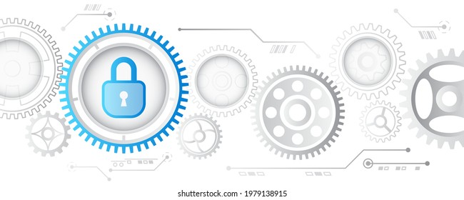 Cybersecurity web banner. Shield icon with gears on a blue background. Data security concept design for personal privacy, data protection.