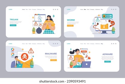 Cybersecurity web or landing set. Protecting data from threats. Users confronting malware types: virus, ransomware, spyware. Adware dangers, botnet traps, worm intrusions. Flat vector illustration